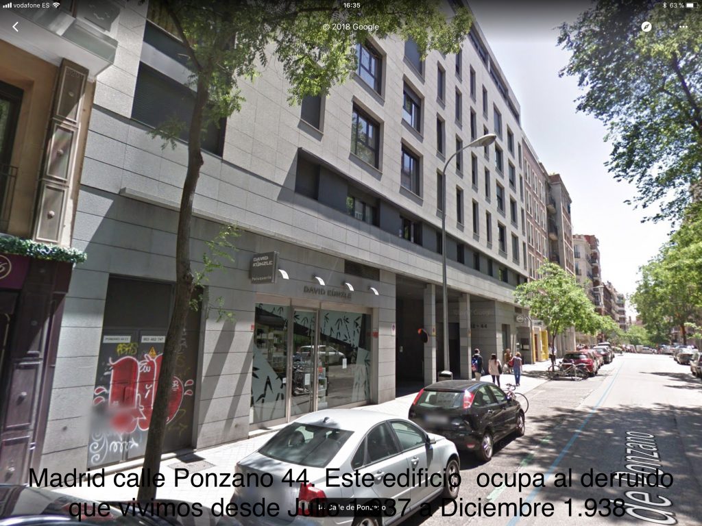 Este edificio ocupa al derruido, en el vivió Rafael con sus padres  desde Junio de 1937 a Diciembre 1.938, en la calle Ponzano 44 en Madrid
